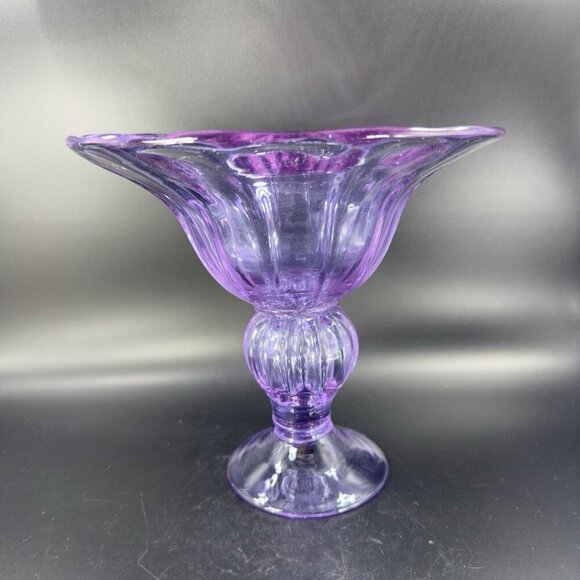 Large Hand Blown Pedestal Bright Purple Lilac Glass Bowl Footed Vase Vintage - Picture 15 of 16